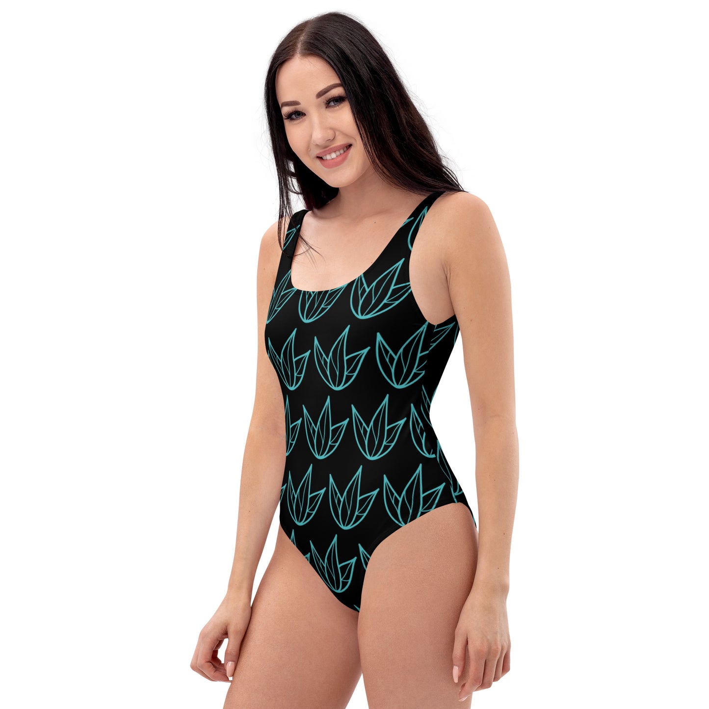 One-Piece Swimsuit - Black & Turquoise Lily 47.00 bigkahunatshirts