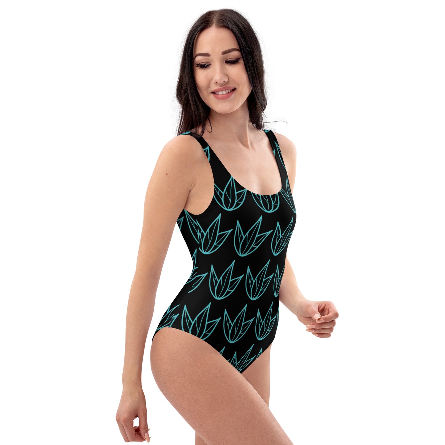 One-Piece Swimsuit - Black & Turquoise Lily 47.00 bigkahunatshirts