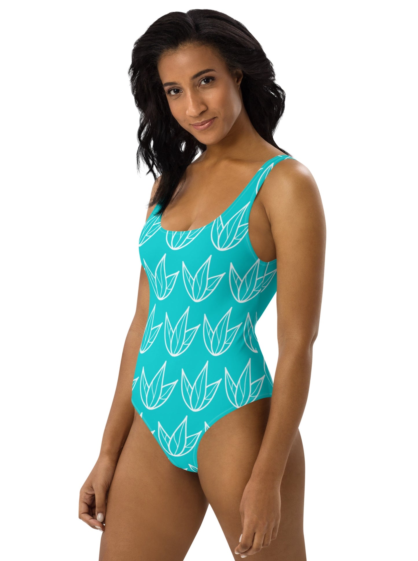 One-Piece Swimsuit - Turquoise & White Lily 47.00 bigkahunatshirts