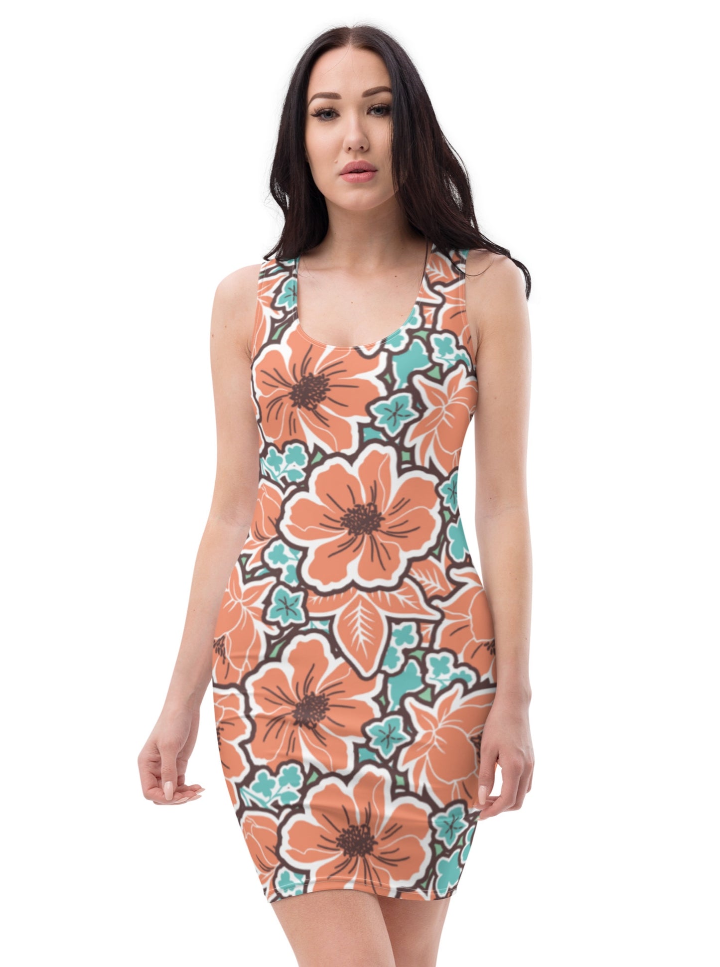 Orange Hibiscus Fitted Dress 46.00 bigkahunatshirts