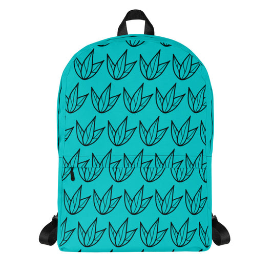 turquoise and black lily pattern backpack - front view