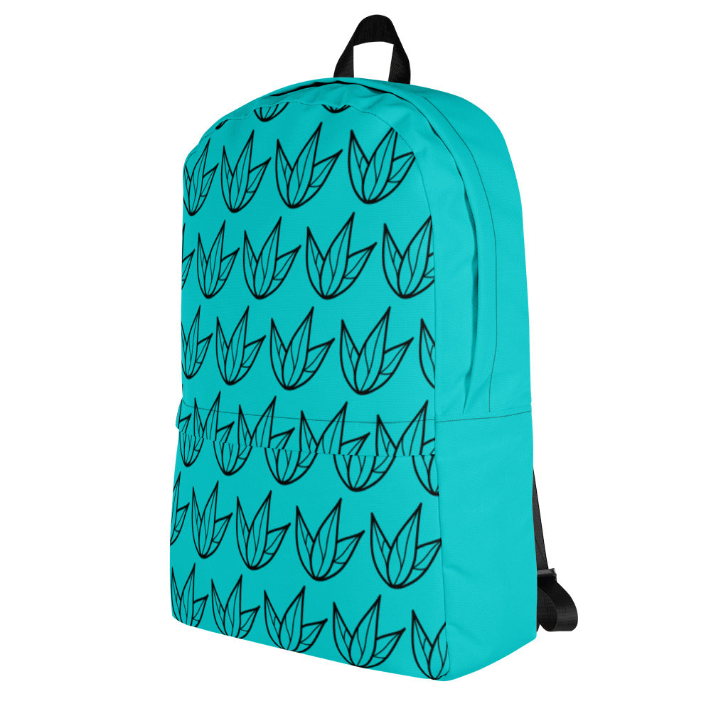 turquoise and black lily pattern backpack - side view